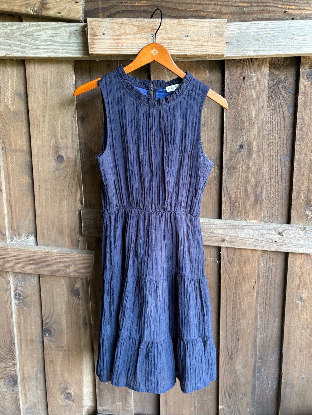 Anna-Kaci Navy Blue Crinkle Sleeveless Ruffle Dress